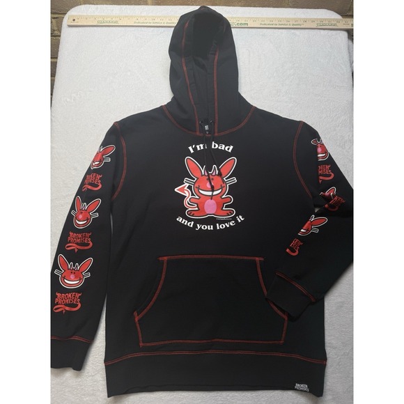 Broken Promises Tops - Broken Promises x Happy Bunny I'm Bad Contrast Black Hoodie Woman's Large Pocket